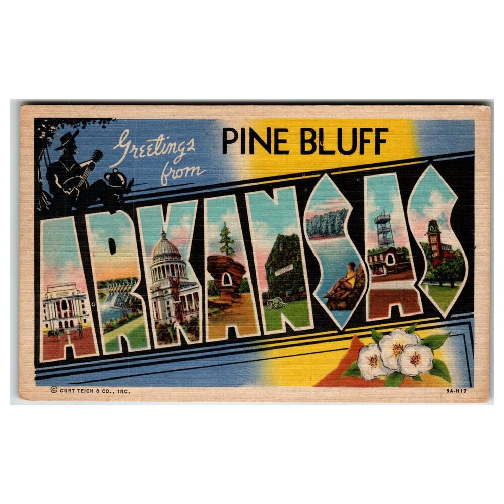 Vintage 1947 Pine Bluff Arkansas Large Letter Linen Postcard Curt Teich Posted
